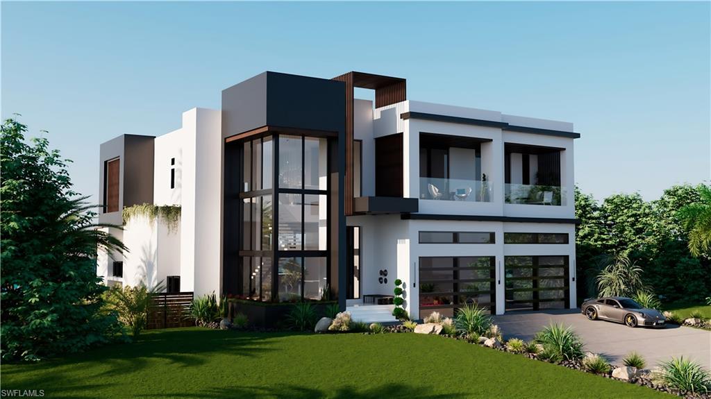 Rendering-front view of property with stucco siding, a garage, concrete driveway, and a lawn