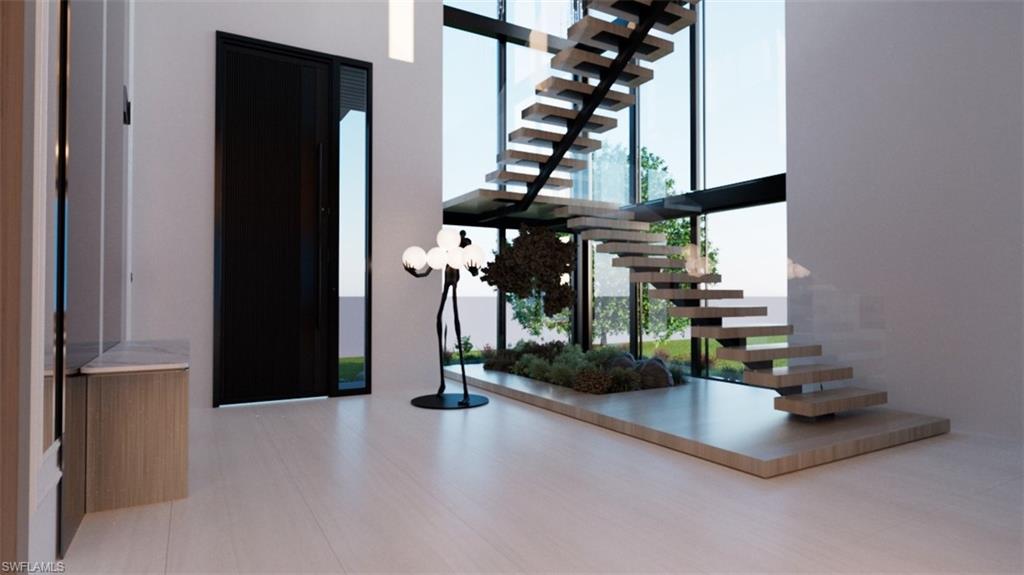 Rendering-Staircase with expansive windows and a high ceiling