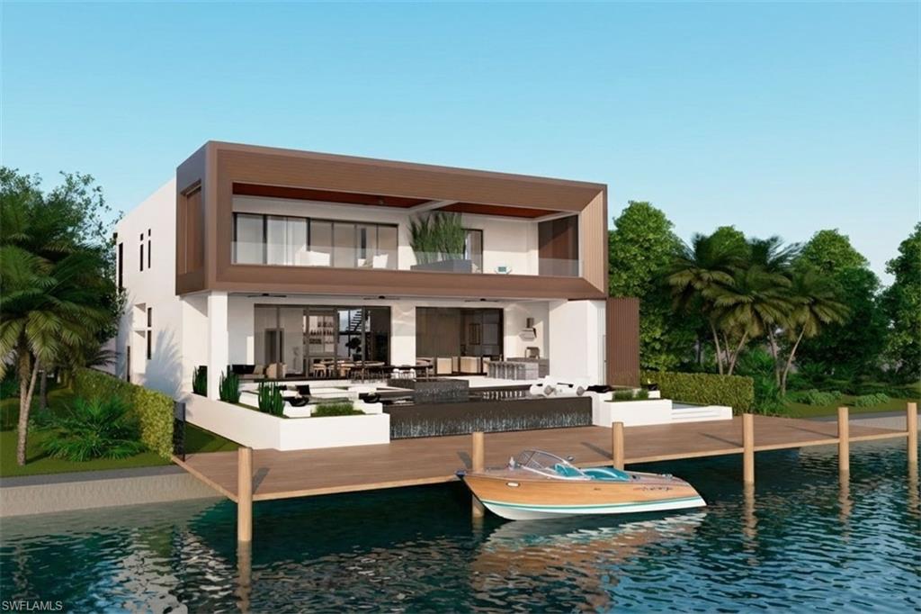 Rendering-Rear view of property with a water view, a patio, outdoor kitchen, a balcony, pool/spa and boat dock