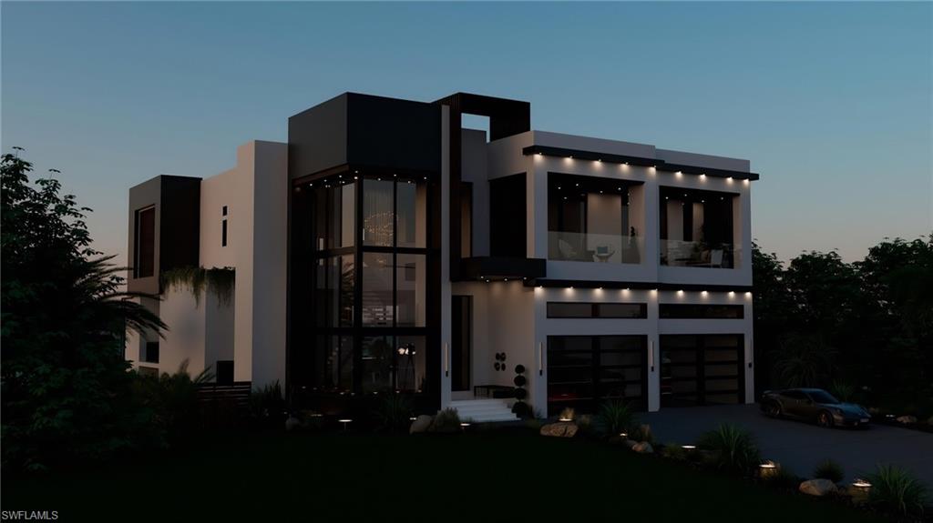 Rendering-View of front of house with a garage, stucco siding, a balcony, and concrete driveway