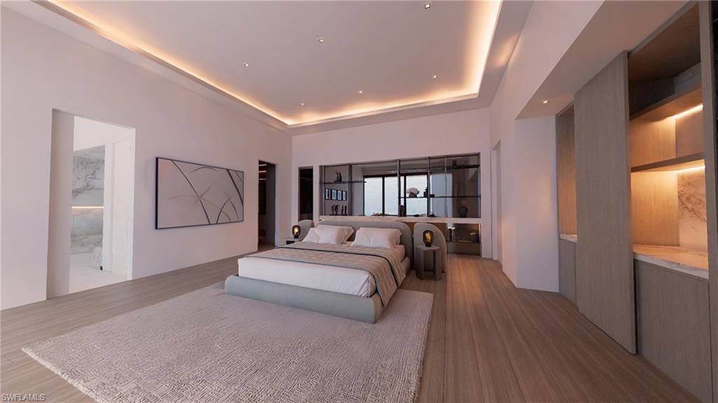 Rendering- Primary Bedroom featuring a tray ceiling with bed looking at towards the river