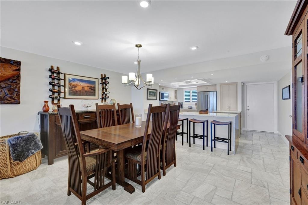 Dining room with hanging lights