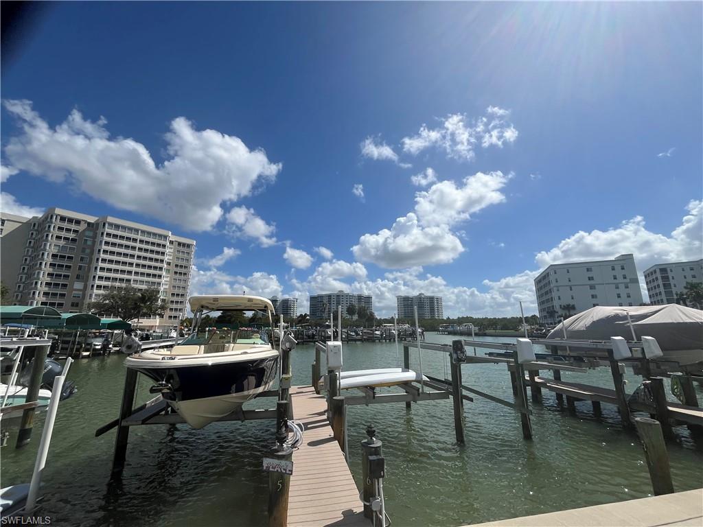 Dock area with boat lift and a water view