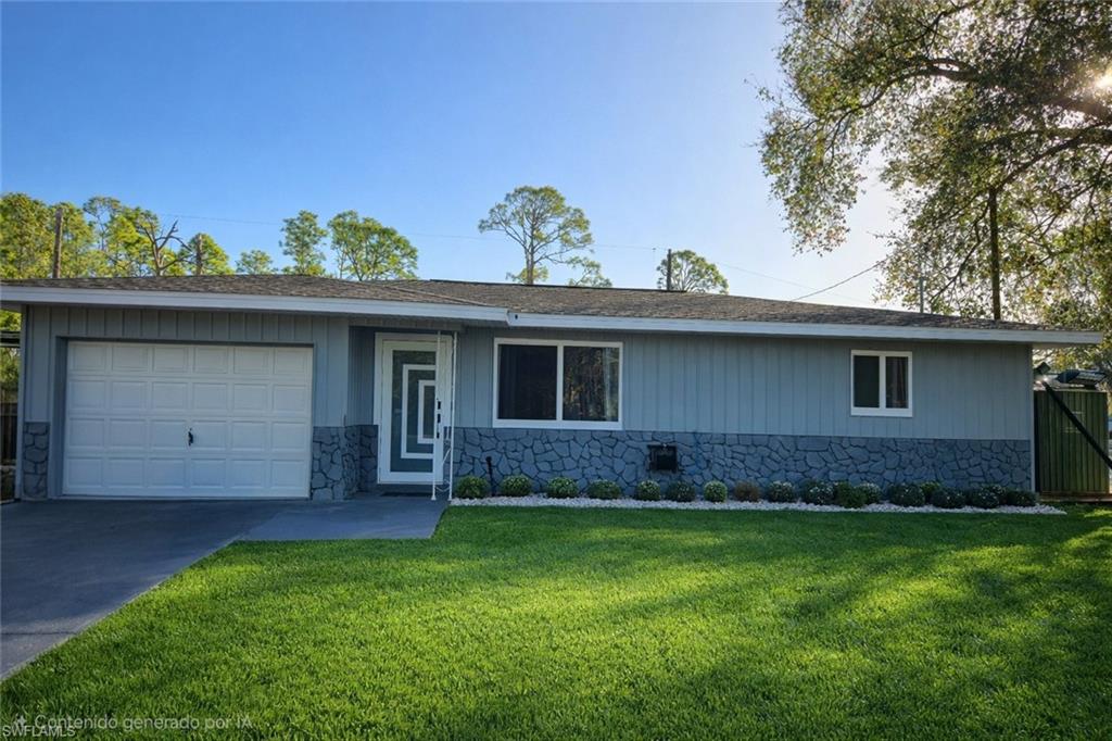 Single story home with stone siding, a garage, driveway, and a shingled roof