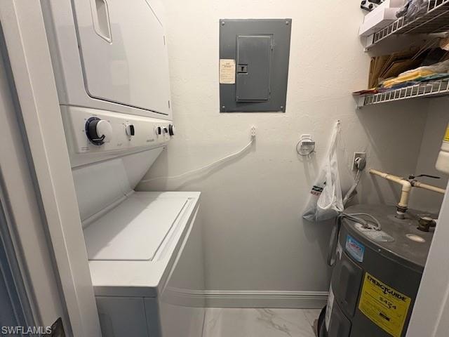 Laundry area featuring electric panel, electric water heater, stacked washer / dryer, and light marble finish flooring