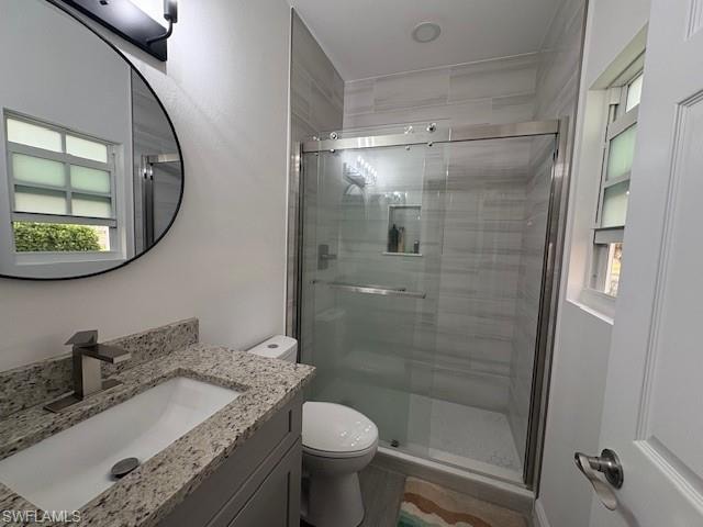 Bathroom featuring vanity, plenty of natural light, and a stall shower