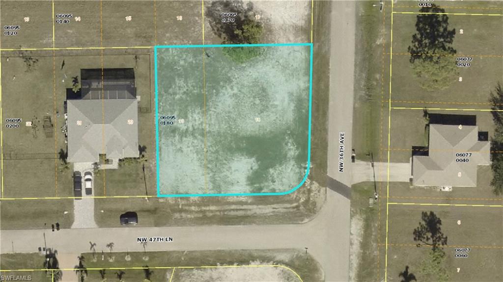 Aerial map of property and surrounding area with property boundaries highlighted