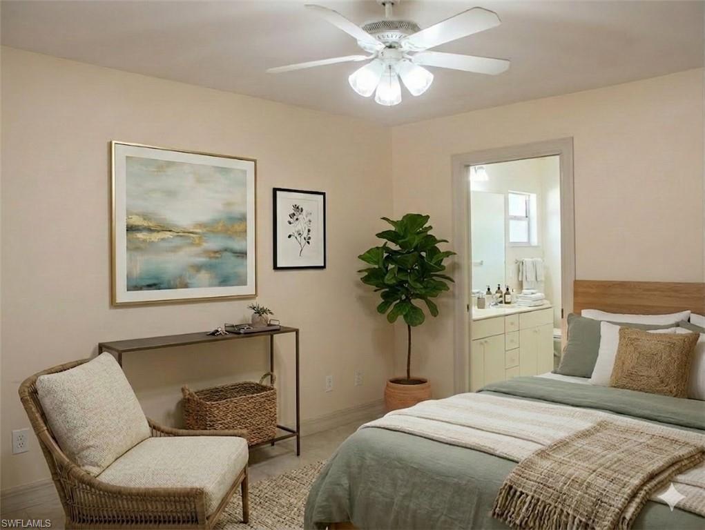 Virtual staged Bedroom featuring ceiling fan and ensuite bathroom
