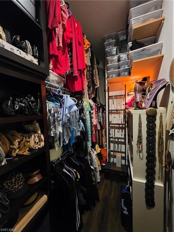 Walk in closet with dark wood-style flooring