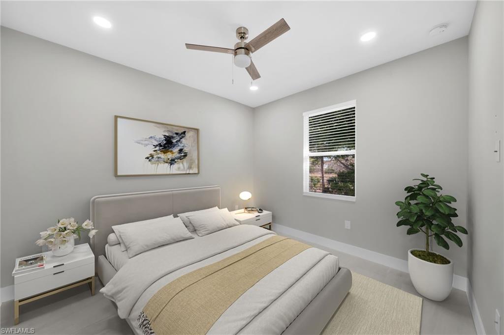Bedroom featuring a ceiling fan and recessed lighting