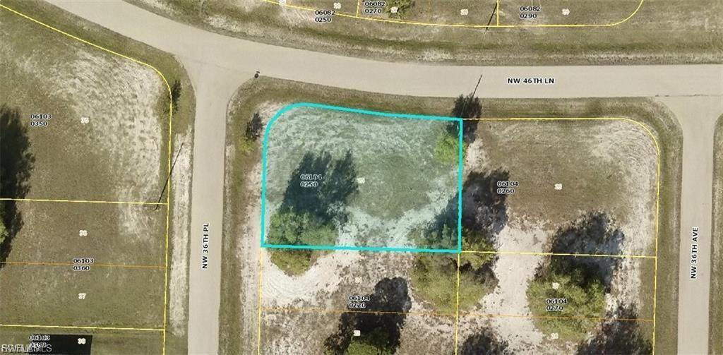 Aerial overview of property's location featuring property boundaries highlighted
