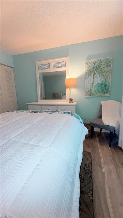 Bedroom featuring wood finished floors, a textured ceiling, and a closet
