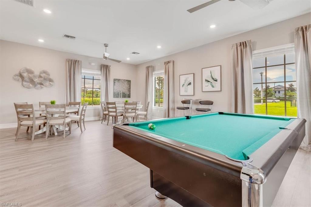 Game room featuring a ceiling fan, billiards table, and recessed lighting