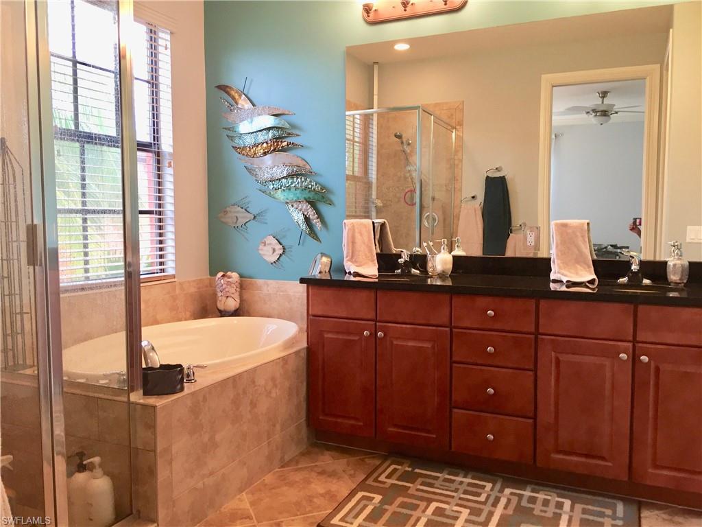 Double vanity, large spa tub and walk in shower with large walk in closet
