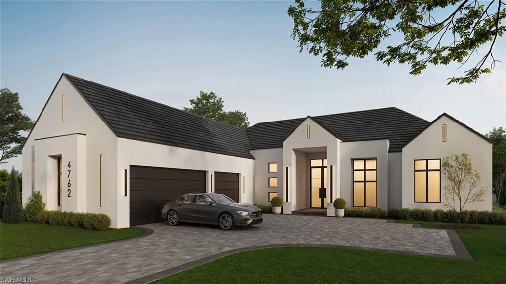 Rendered view of front of property featuring a garage, decorative driveway, stucco siding, and a front lawn