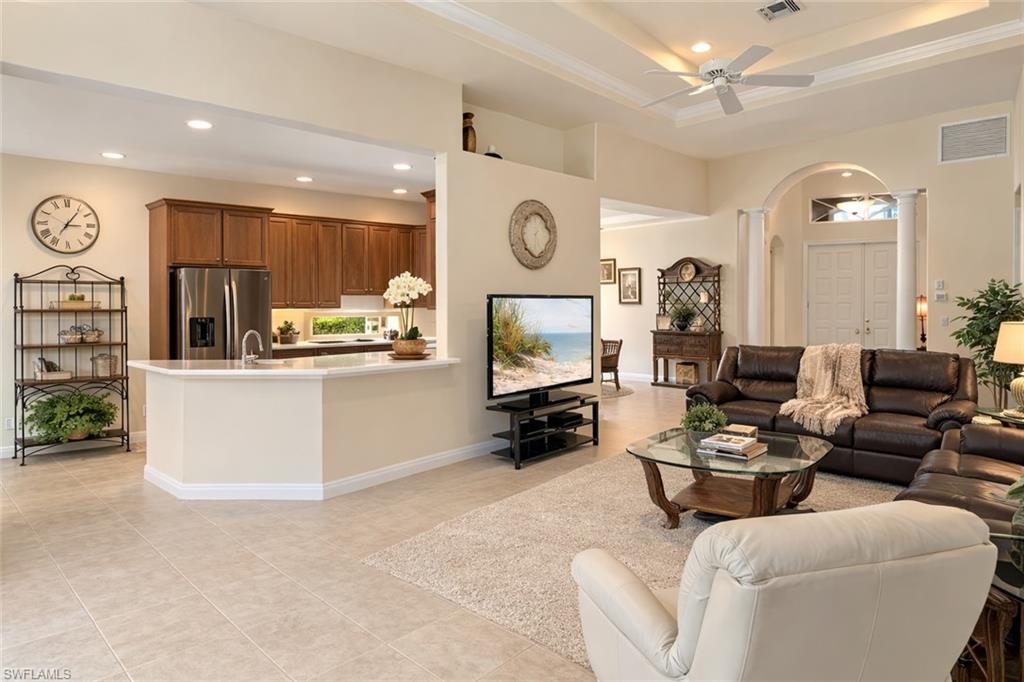 Open great room and kitchen with high ceilings