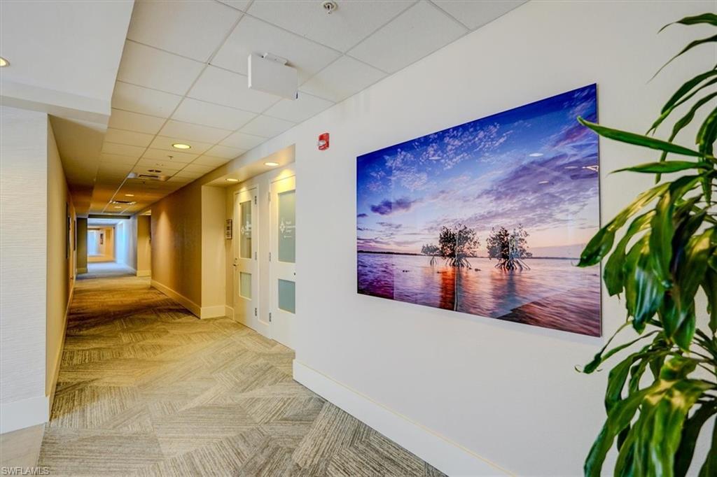 Hall featuring a drop ceiling and commercial carpet flooring