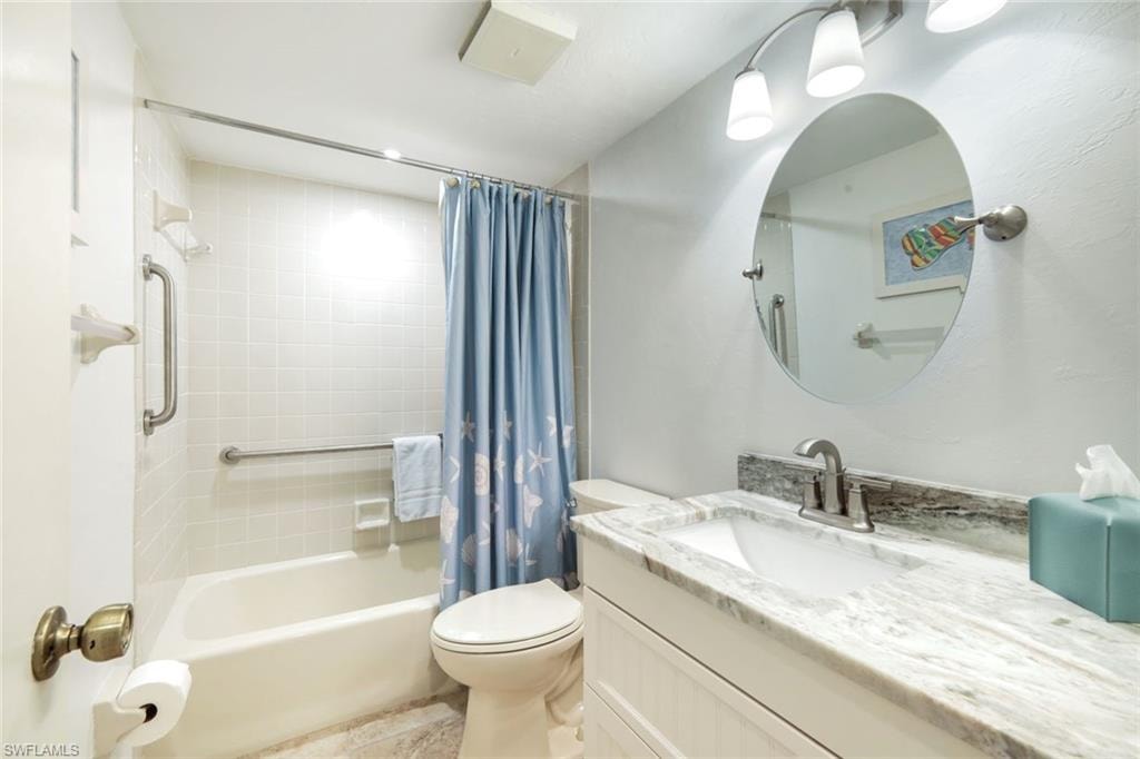Full Guest Bathroom with Tub/Shower Combo. Large Raised Cabinet, Granite, Storage