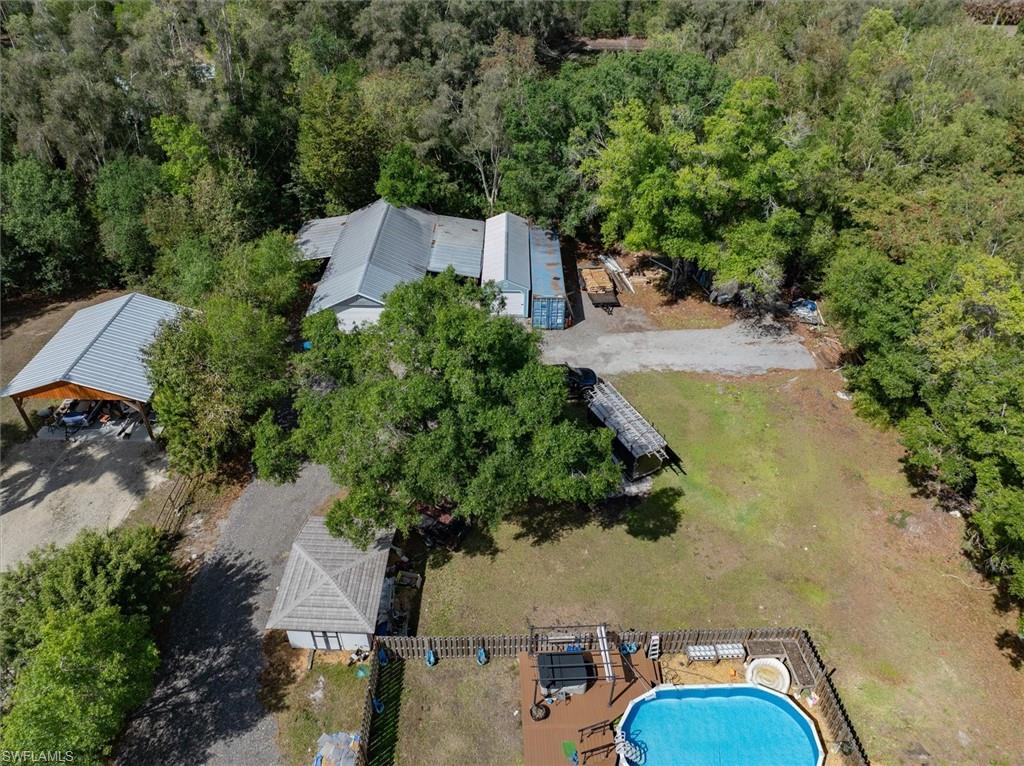 Bird's eye view of a pool area and a heavily wooded area
