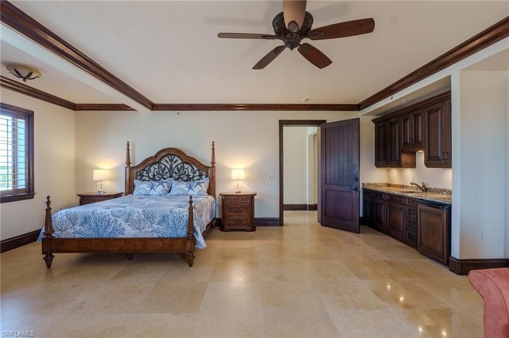 Bedroom featuring crown molding and ceiling fan