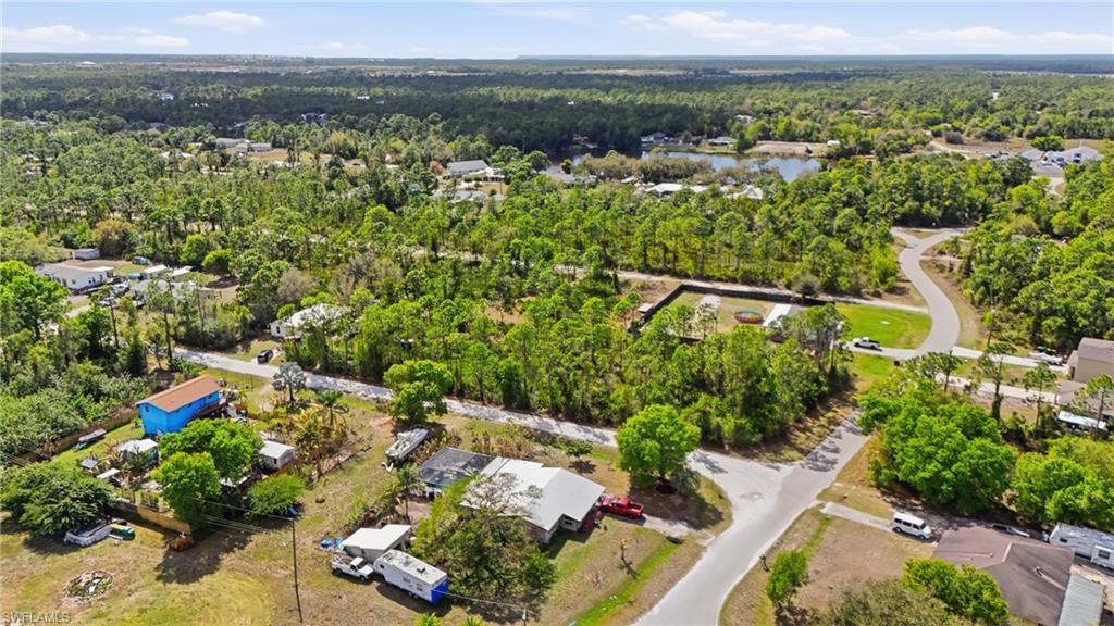 Aerial perspective of suburban area featuring a heavily wooded area