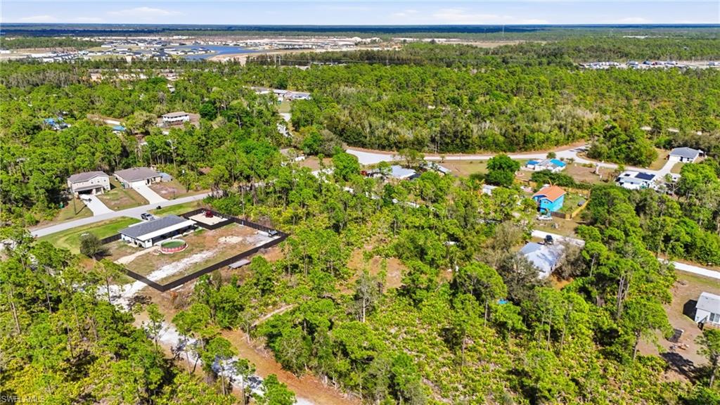 Aerial view of a heavily wooded area