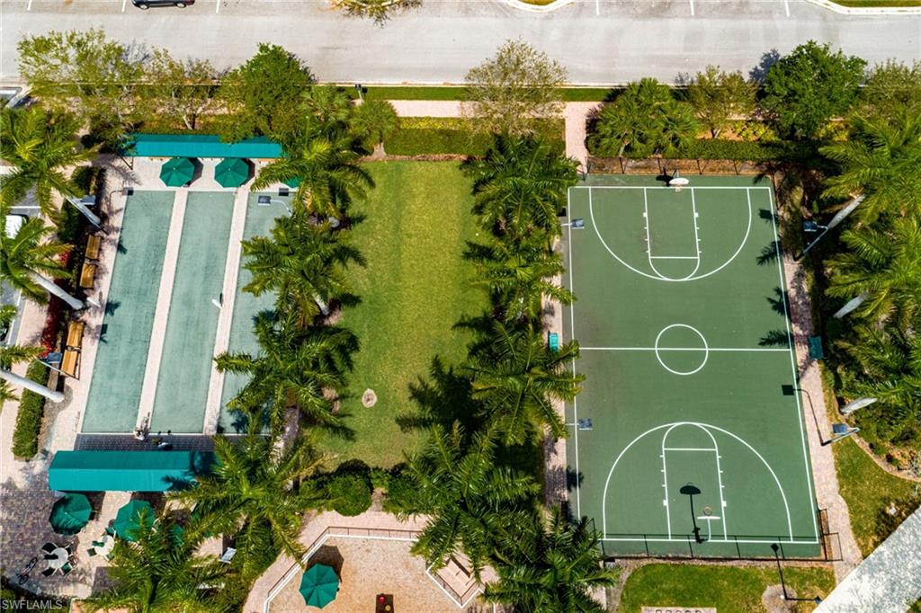 Bird's eye view of basketball and bocce ball courts