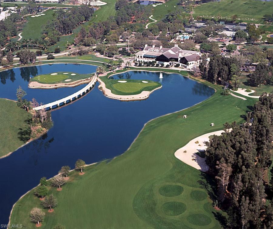 Aerial view of the two island greens of the Long Mean Golf Course.