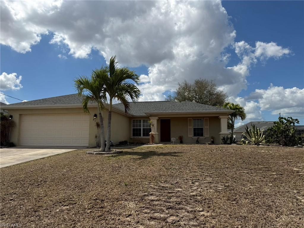 Single story home featuring an attached garage, stucco siding, concrete driveway, and roof with shingles