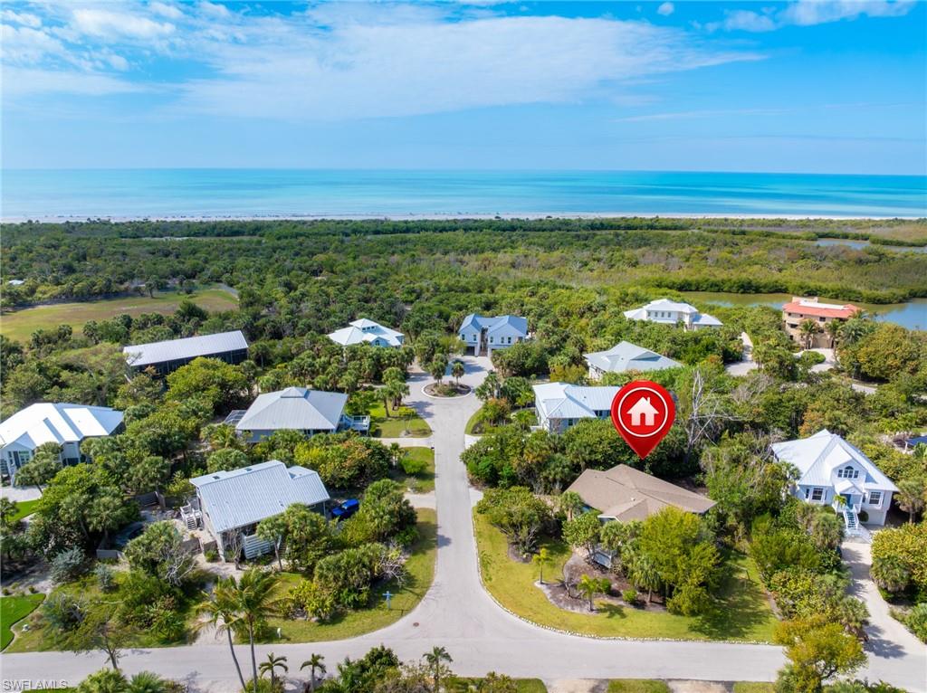 Aerial view of residential area featuring a heavily wooded area and a large body of water