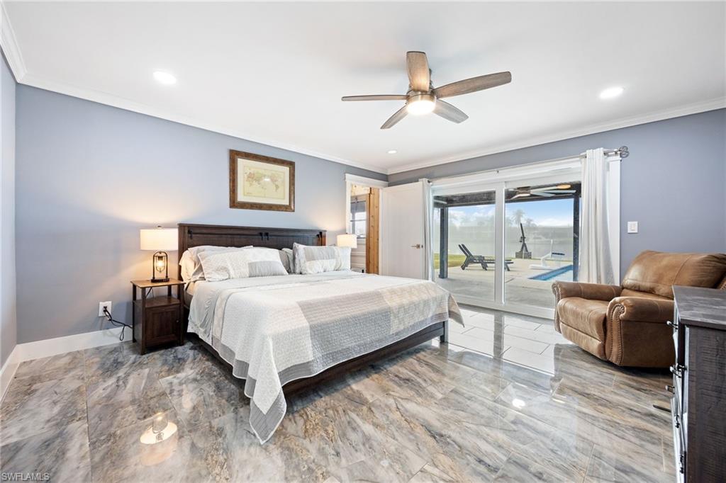 Bedroom featuring crown molding, access to outside, ceiling fan, and recessed lighting