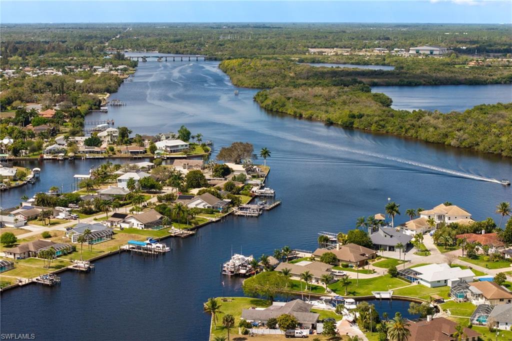 Aerial perspective of suburban area featuring a large body of water and a heavily wooded area
