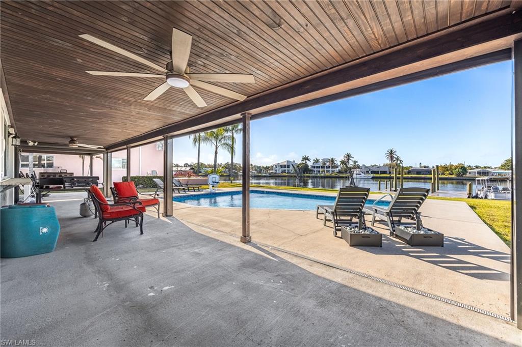 Swimming pool featuring a patio area and a water view
