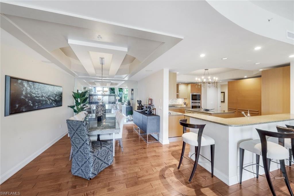 coffered ceiling & elegant fire feature