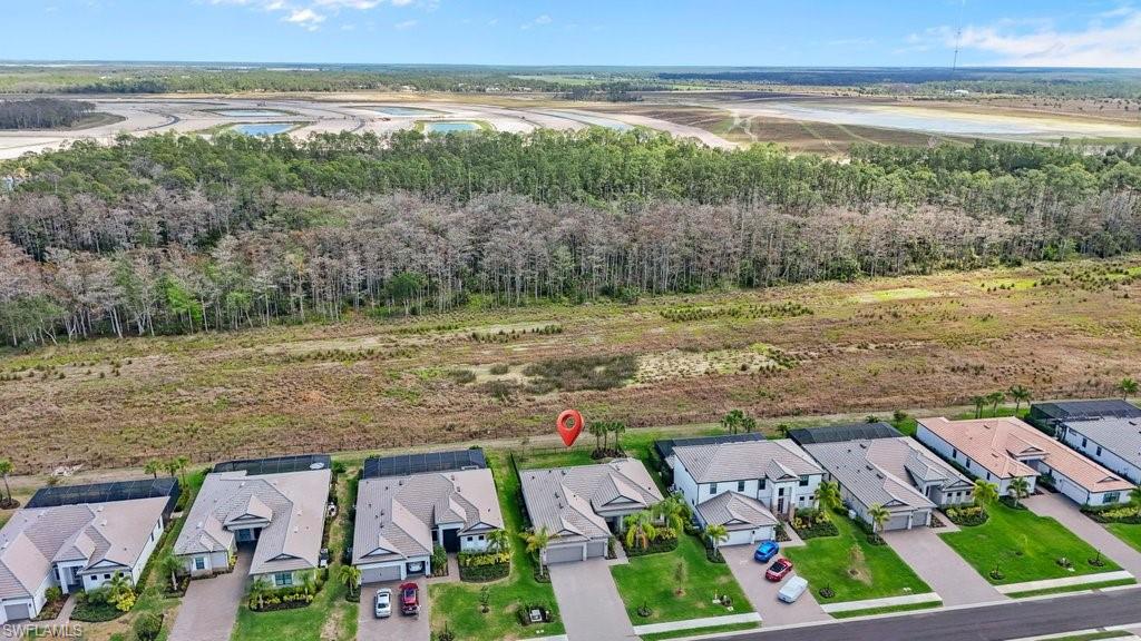 Aerial perspective of suburban area with a forest