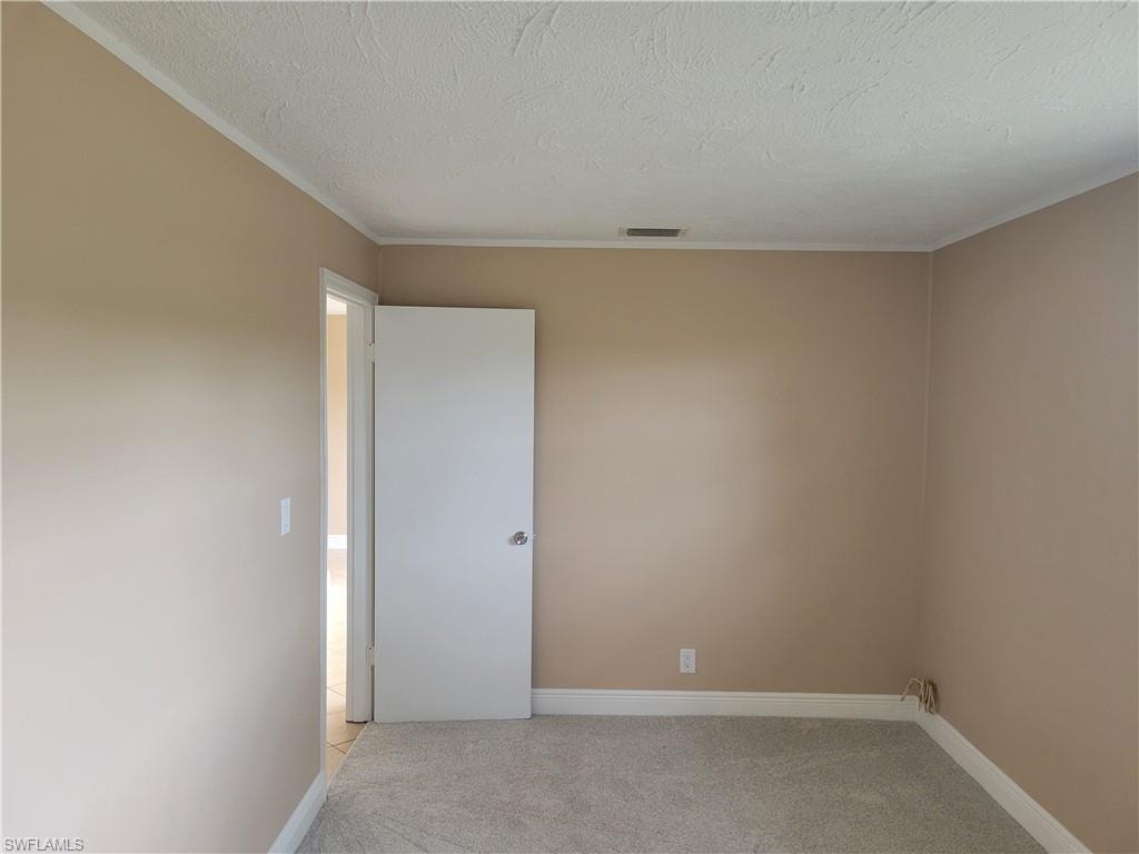 Unfurnished room featuring light carpet, crown molding, and a textured ceiling