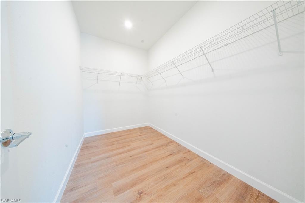 Walk in closet with light wood-style flooring