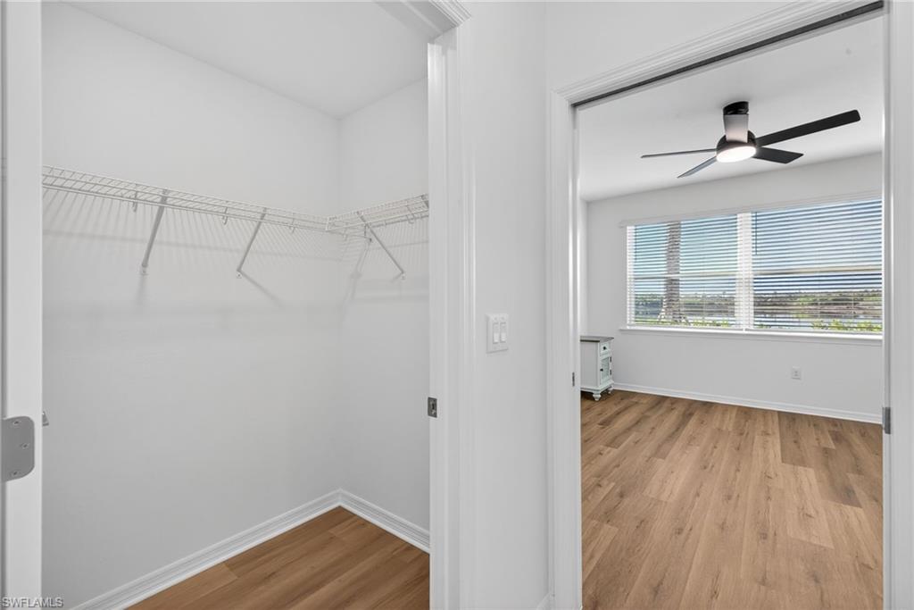 Walk in closet featuring light wood-style flooring and a ceiling fan