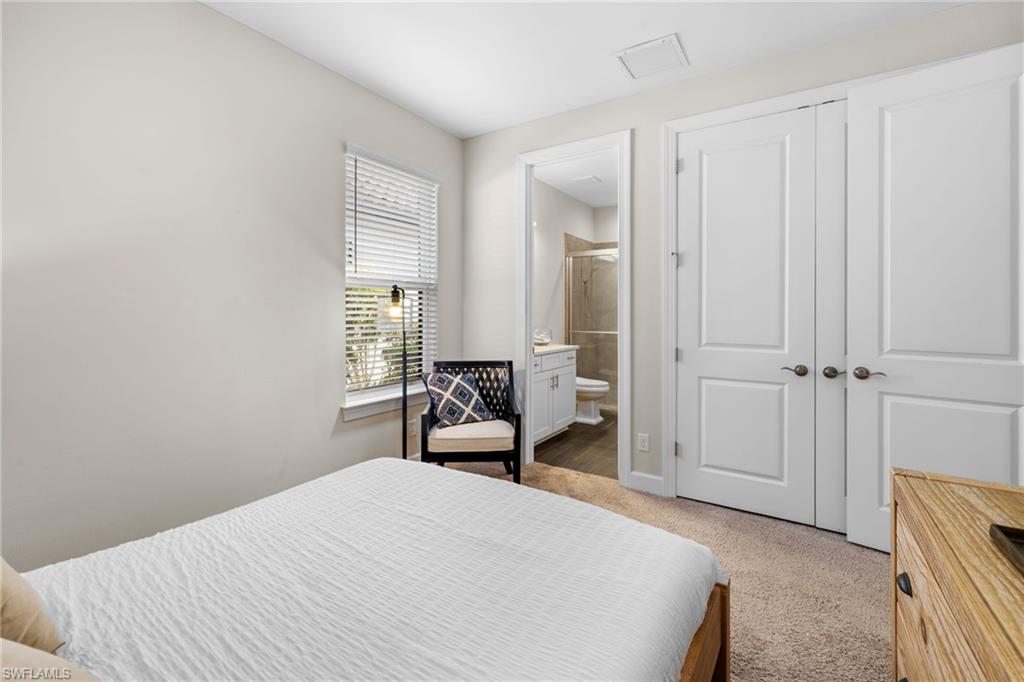 Carpeted bedroom with ensuite bathroom and a closet