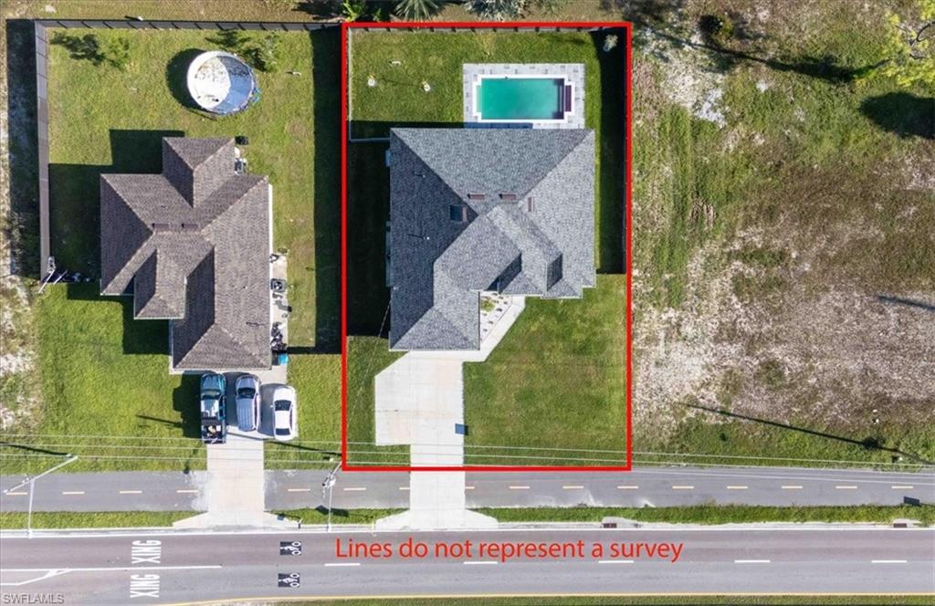 Aerial overview of property's location featuring property parcel outlined and a pool area