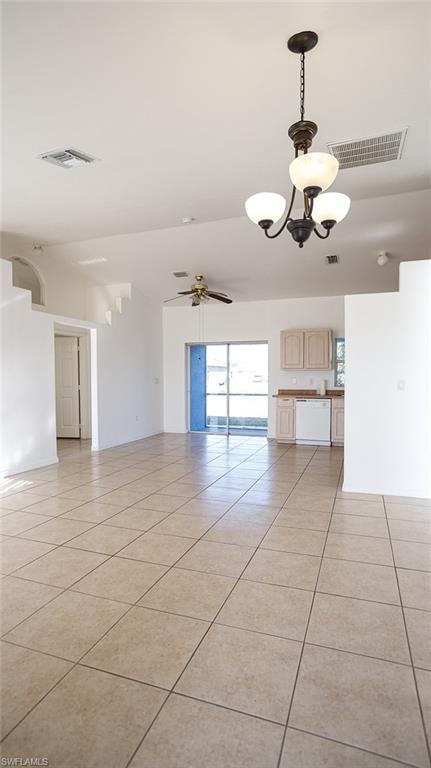 Spare room with light tile patterned floors, ceiling fan, lofted ceiling, and suspended lighting