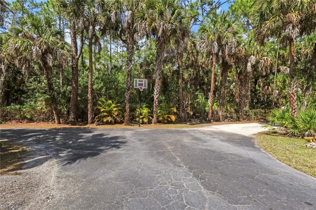 Front Entrance with asphalt wrap around driveway, basketball hoop, firepit, space to park/charge your RV, etc.