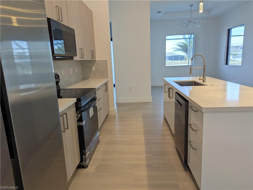 Kitchen with backsplash, hanging light fixtures, sink, an island with sink, and appliances with stainless steel finishes