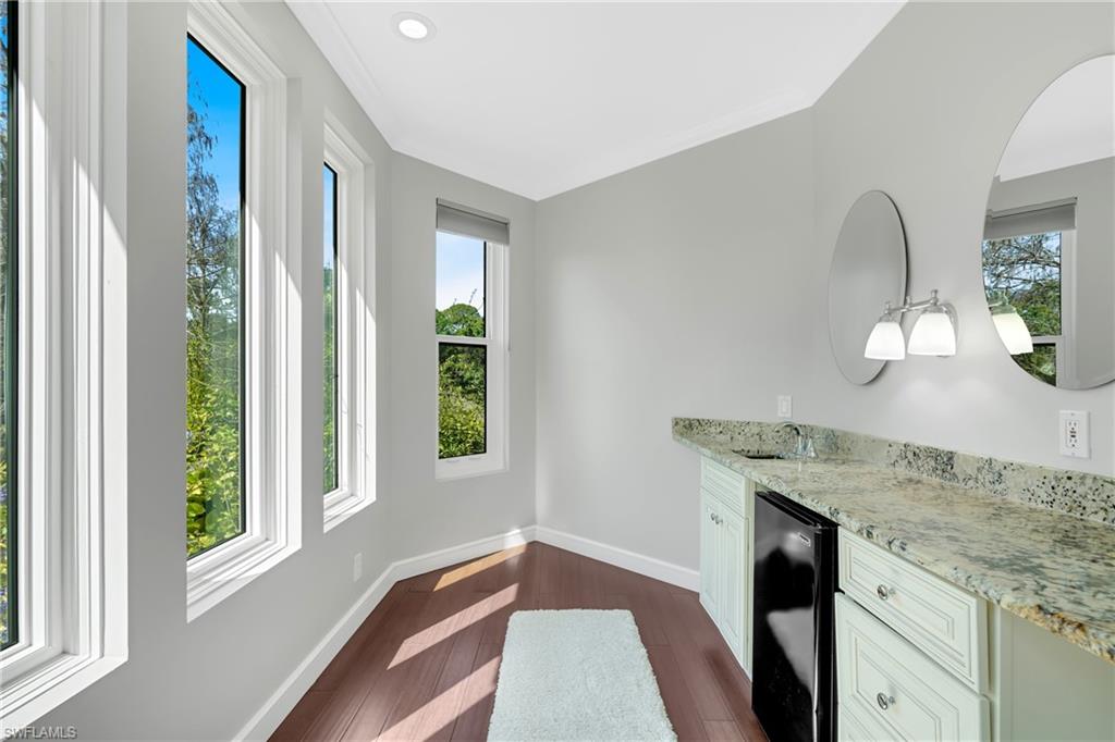 Bar area featuring light stone countertops, dark wood-style floors, healthy amount of natural light, and white cabinetry
