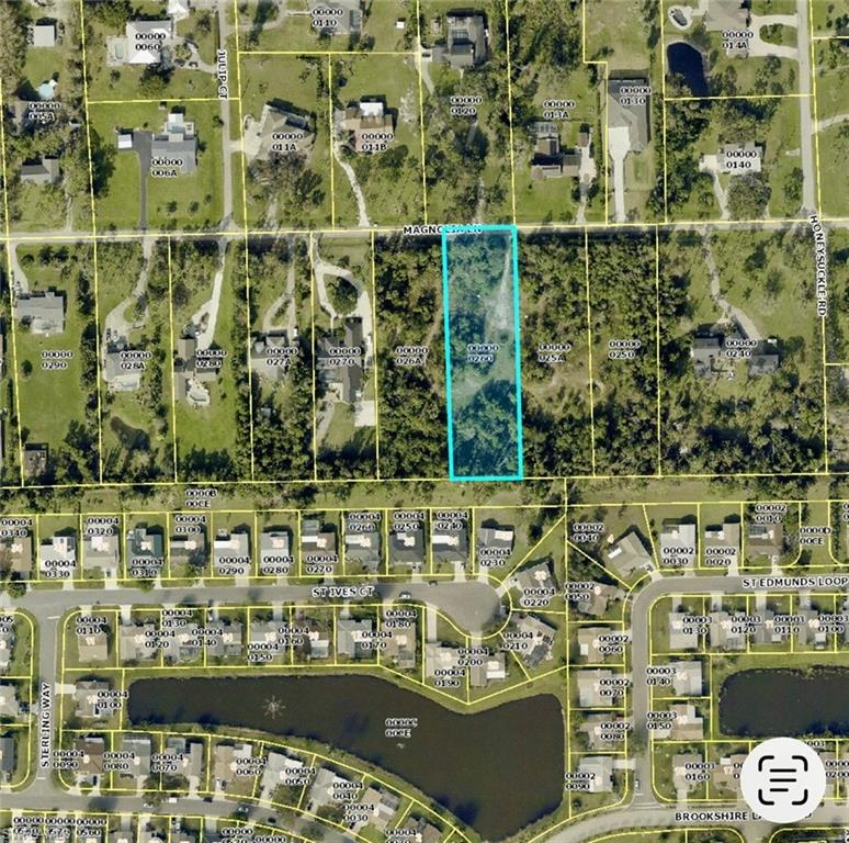 Aerial overview of property's location with property parcel outlined
