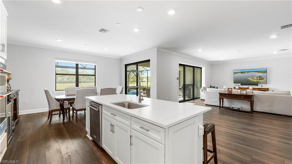 Kitchen, dining and living areas