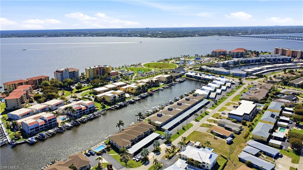 Bird's eye view of a large body of water and a notable bridge