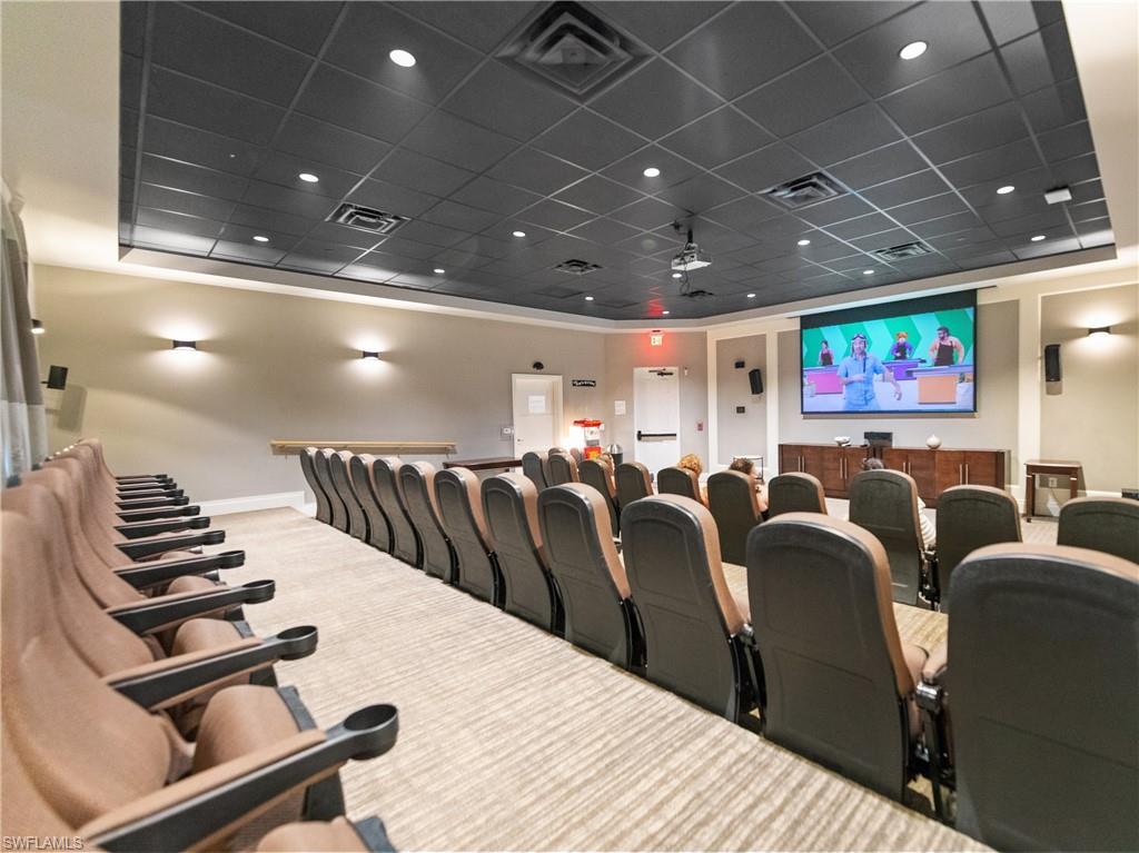 Cinema featuring carpet flooring and a paneled ceiling