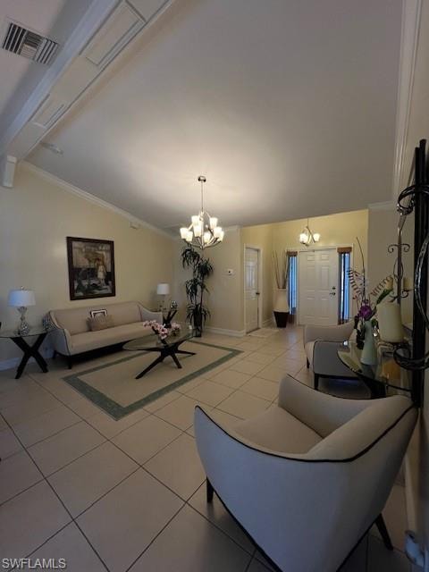Living area with lofted ceiling, light tile patterned floors, hanging lights, and crown molding
