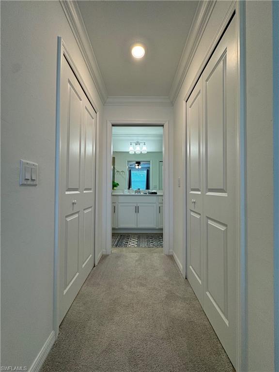 Corridor featuring ornamental molding and light colored carpet